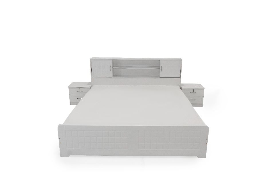 NERA WHITE-wooden frame bed with headboard storage